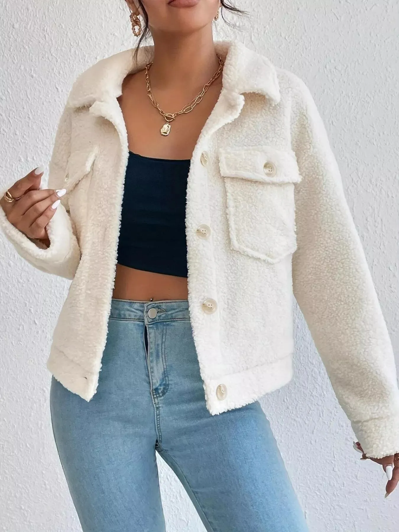 Full Size Cozy Faux Shearling Button-Up Jacket Plus Size sold by Charming Charlie product image thumbnail 2