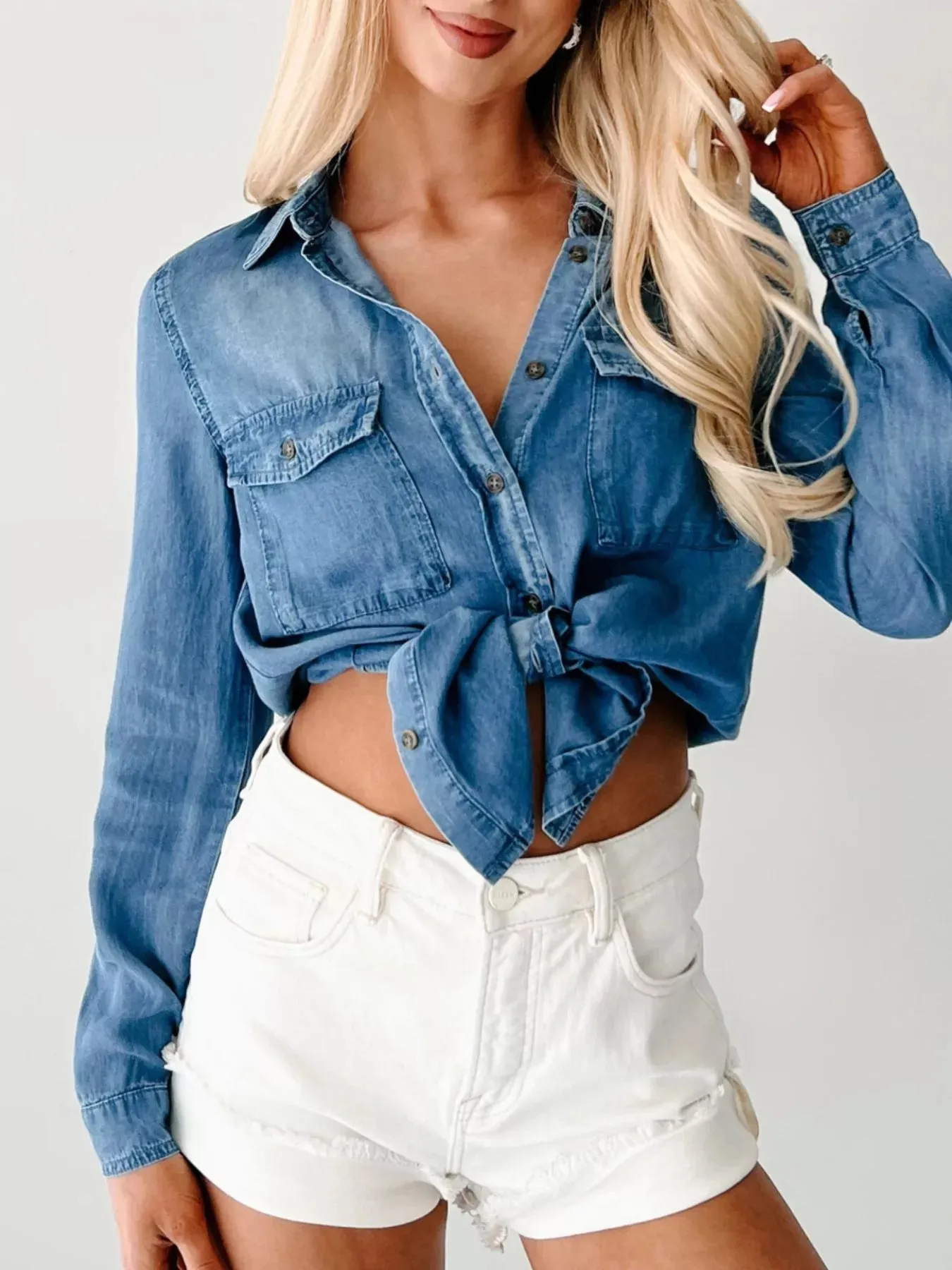 Button-Down Collared Neck Denim Shirt sold by Charming Charlie product image thumbnail 4