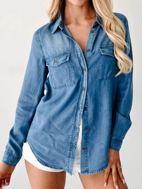 Button-Down Collared Neck Denim Shirt sold by Charming Charlie