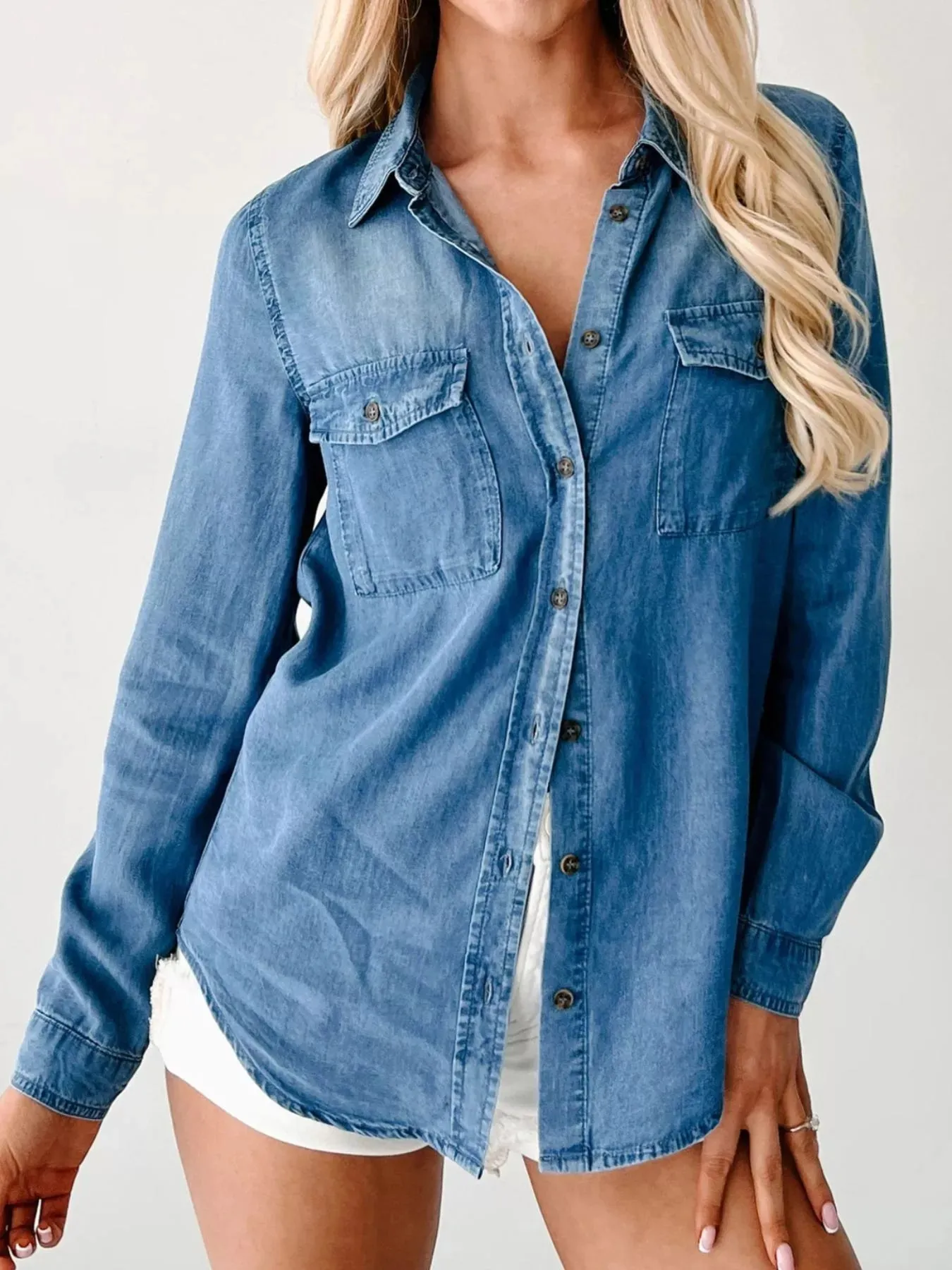Button-Down Collared Neck Denim Shirt sold by Charming Charlie