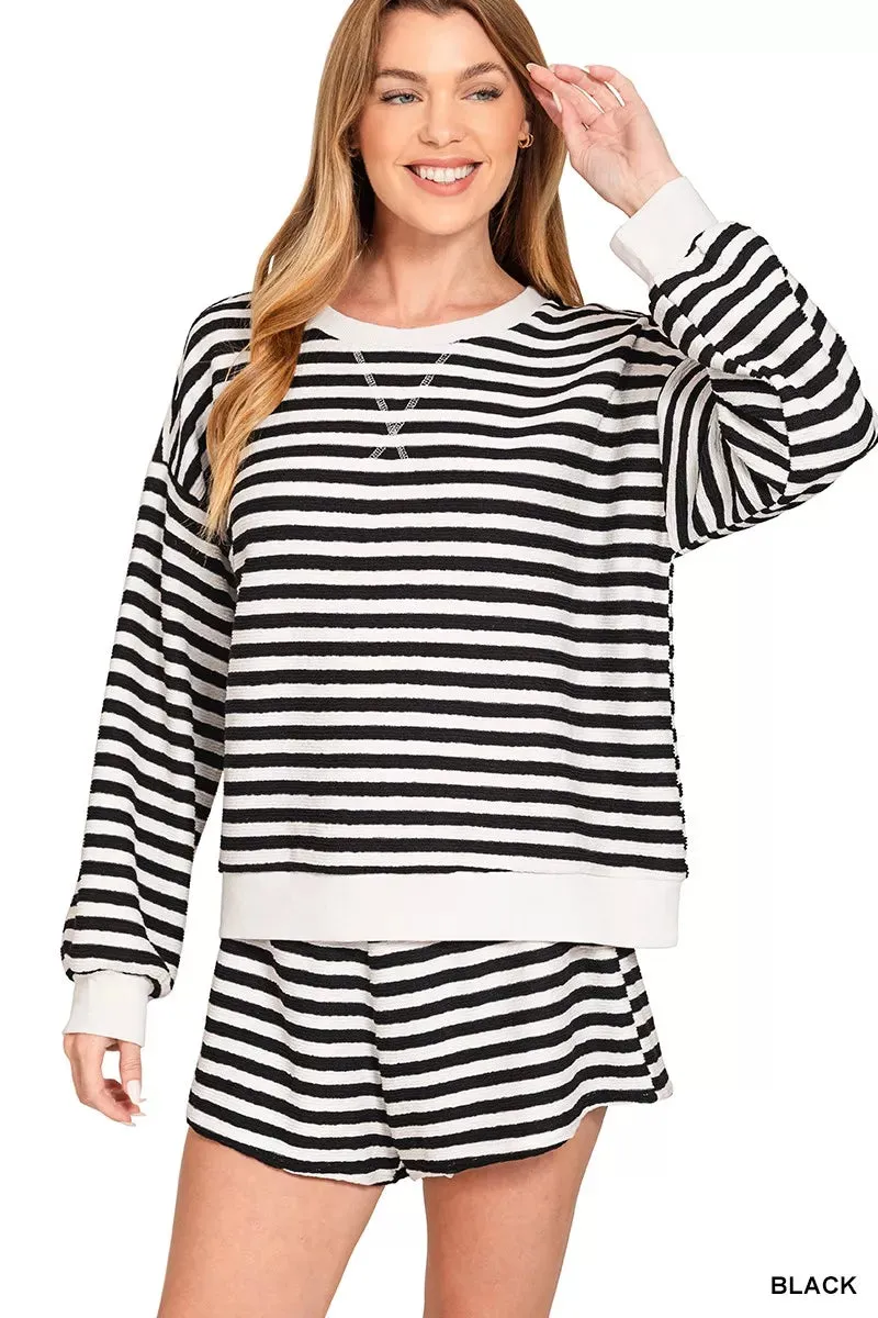 Zenana Striped Long Sleeve Top and Shorts Set sold by Charming Charlie