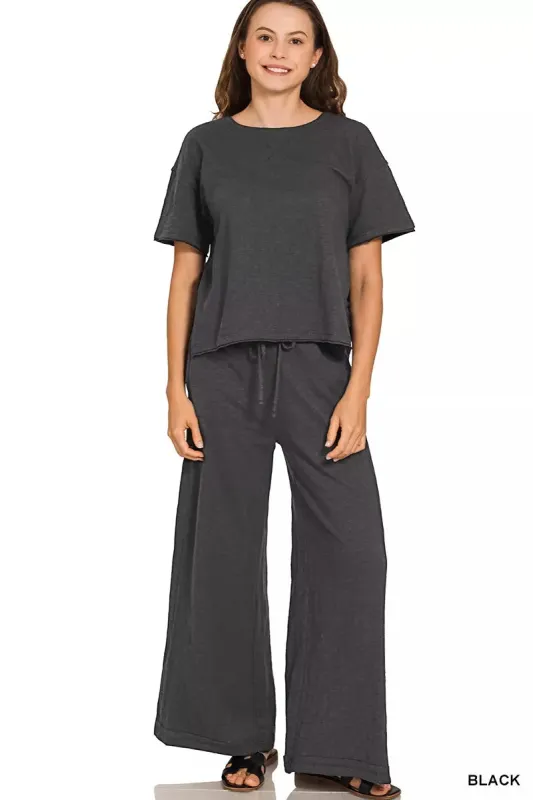 Zenana Cotton Slub Short Sleeve Tee and Pants Set made by Trendsi