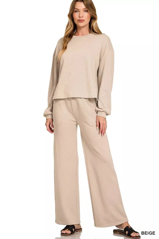 Zenana French Rib Pullover and Pants Set sold by Charming Charlie
