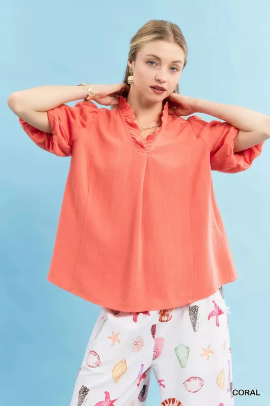 Umgee Linen Scallop Trim V-Neck Blouse sold by Charming Charlie