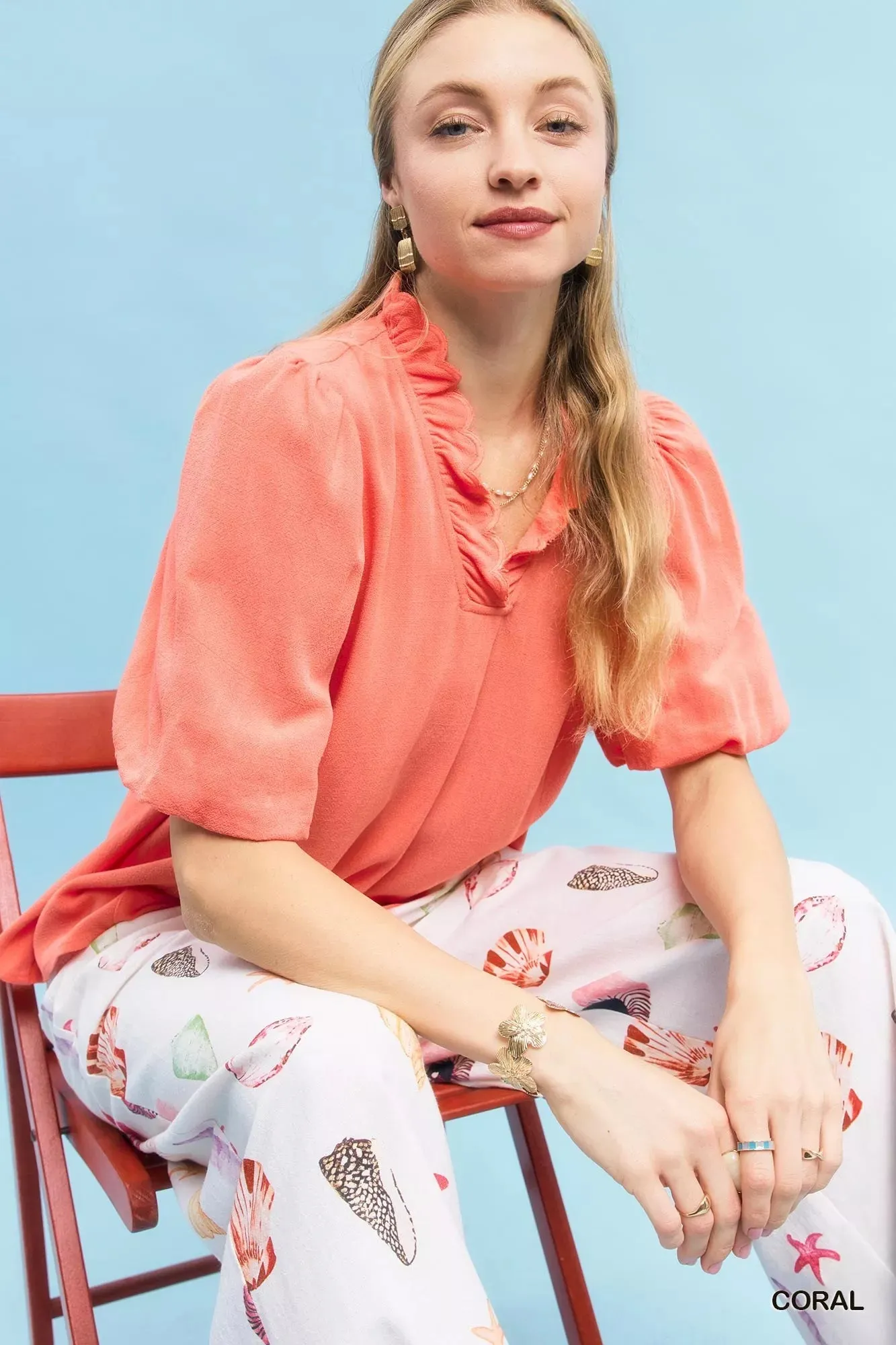 Umgee Linen Scallop Trim V-Neck Blouse sold by Charming Charlie product image thumbnail 2