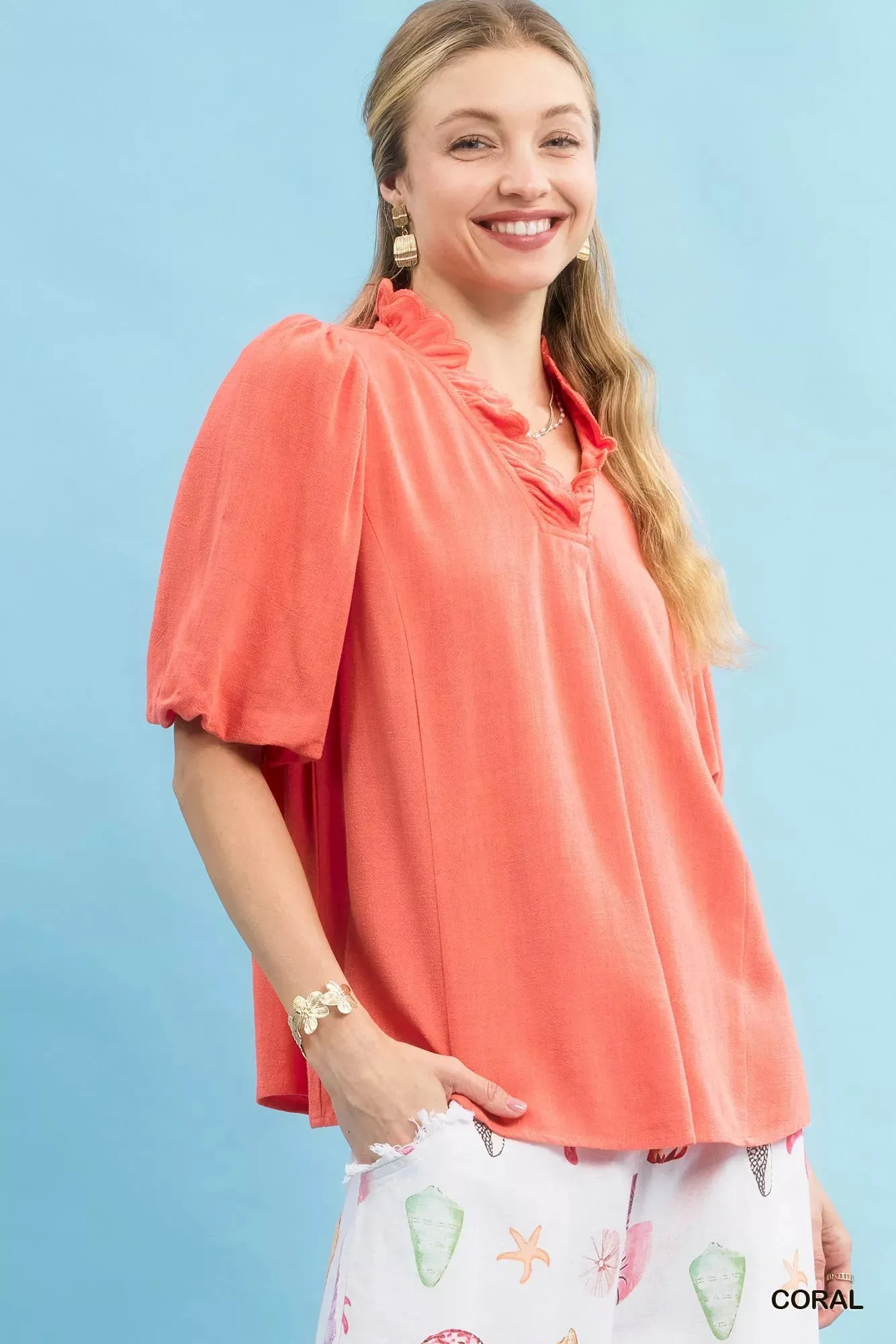 Umgee Linen Scallop Trim V-Neck Blouse sold by Charming Charlie product image thumbnail 3