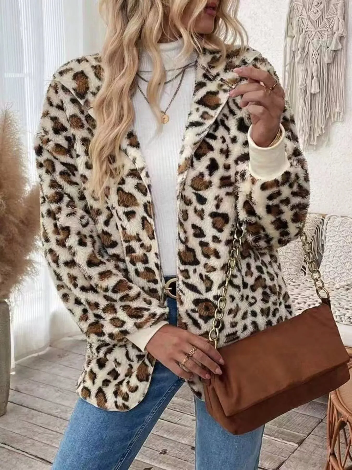 Leopard Print Fuzzy Zip Up Outerwear sold by Charming Charlie product image thumbnail 2