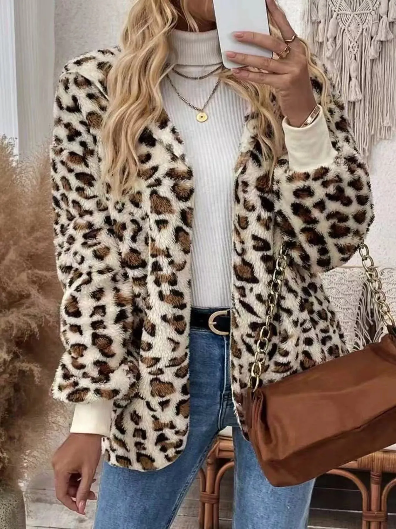 Leopard Print Fuzzy Zip Up Outerwear sold by Charming Charlie product image thumbnail 3