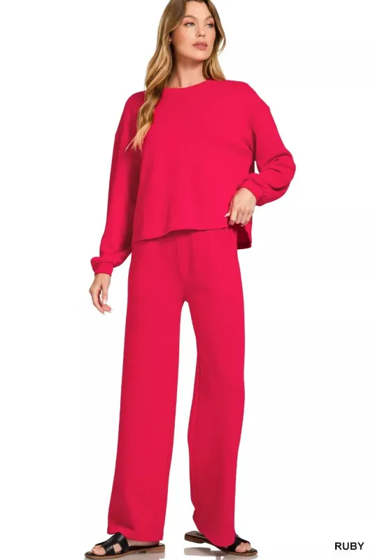 Zenana French Rib Pullover and Pants Set sold by Charming Charlie
