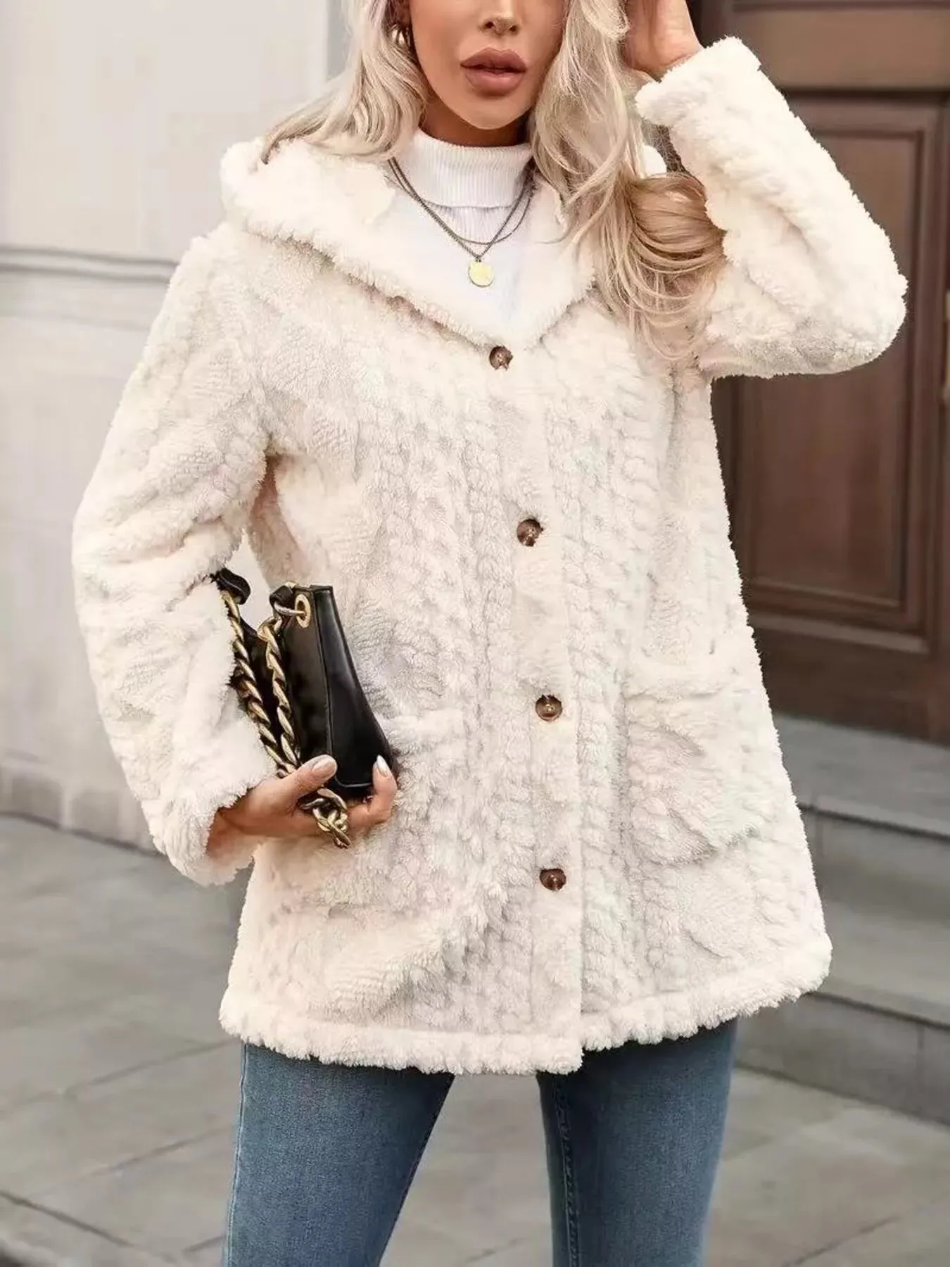 Cozy Button Up Hooded Fleece Outerwear sold by Charming Charlie product image thumbnail 4