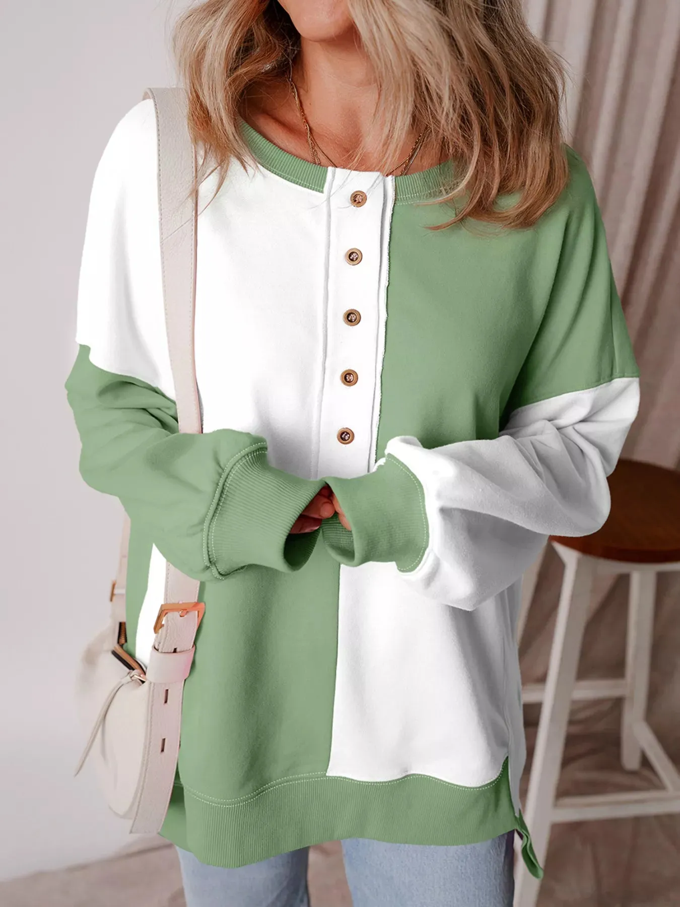 Colorblock Henley High Low Oversize Sweatshirt sold by Charming Charlie product image thumbnail 4