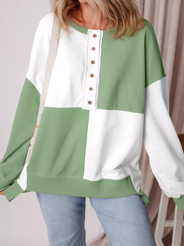 Colorblock Henley High Low Oversize Sweatshirt sold by Charming Charlie