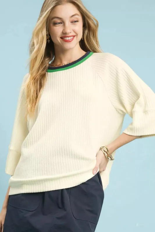 Umgee Ribbed Knit Top with Contrast Trim sold by Charming Charlie