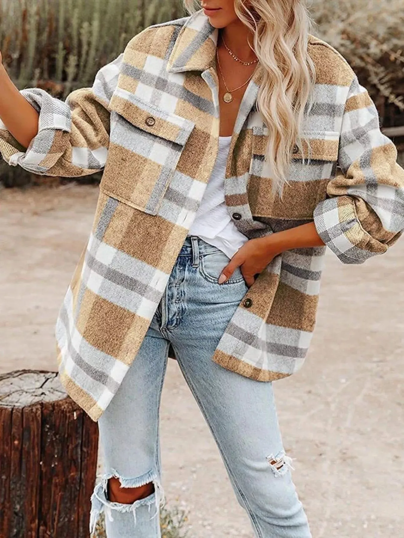 Plaid Button-Down Long Sleeve Jacket sold by Charming Charlie product image thumbnail 5