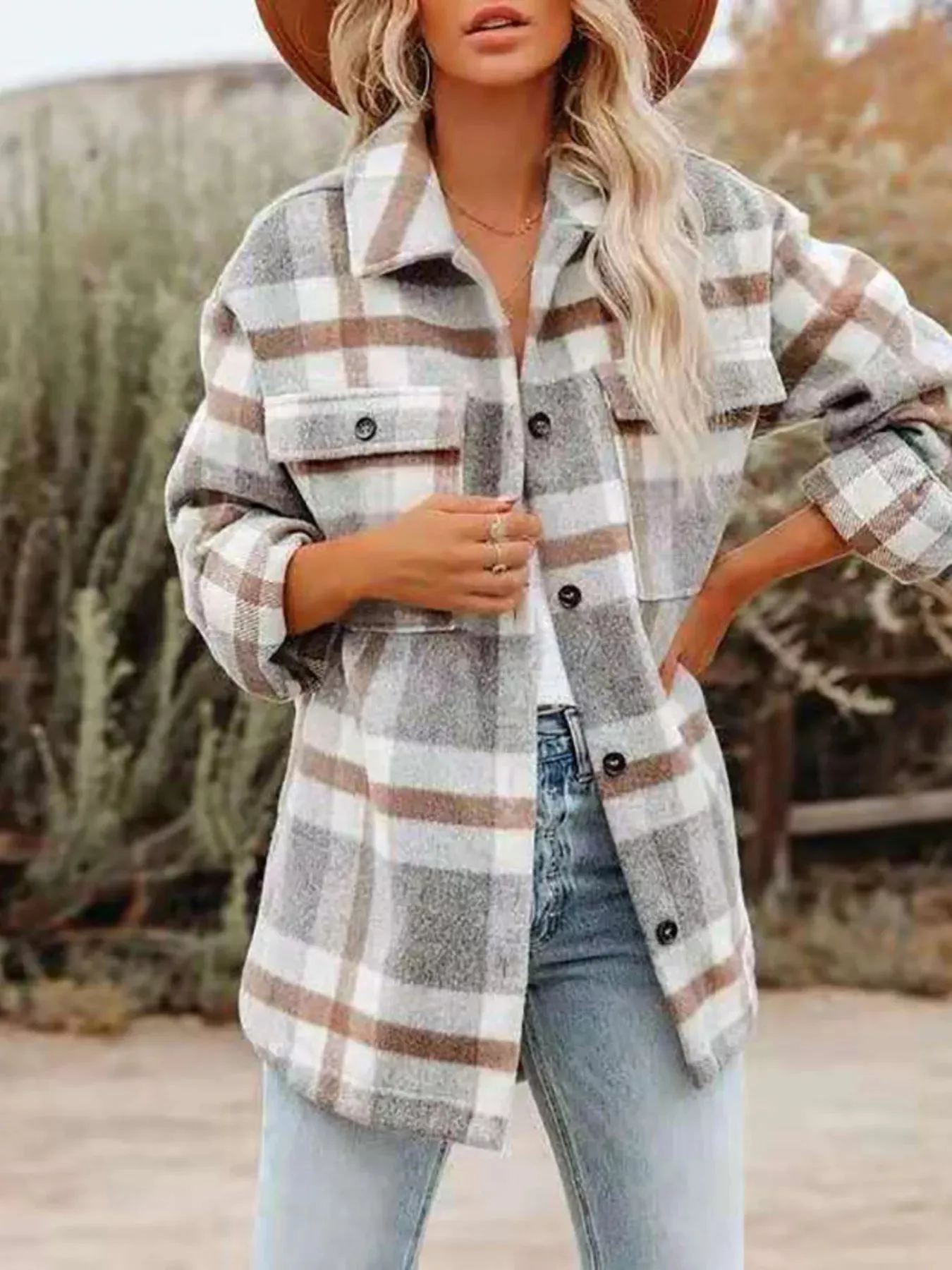 Plaid Button-Down Long Sleeve Jacket sold by Charming Charlie product image thumbnail 2