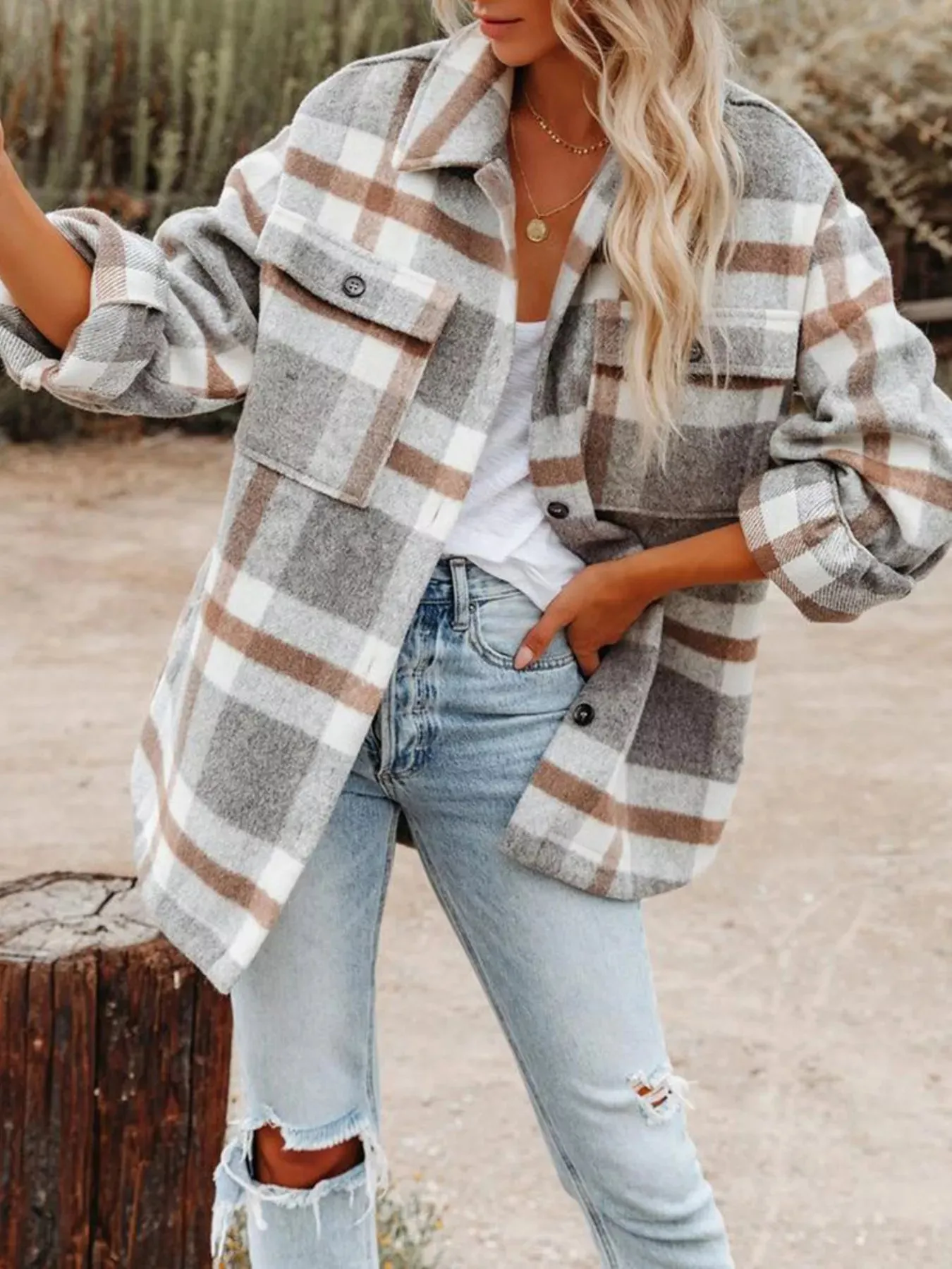 Plaid Button-Down Long Sleeve Jacket sold by Charming Charlie