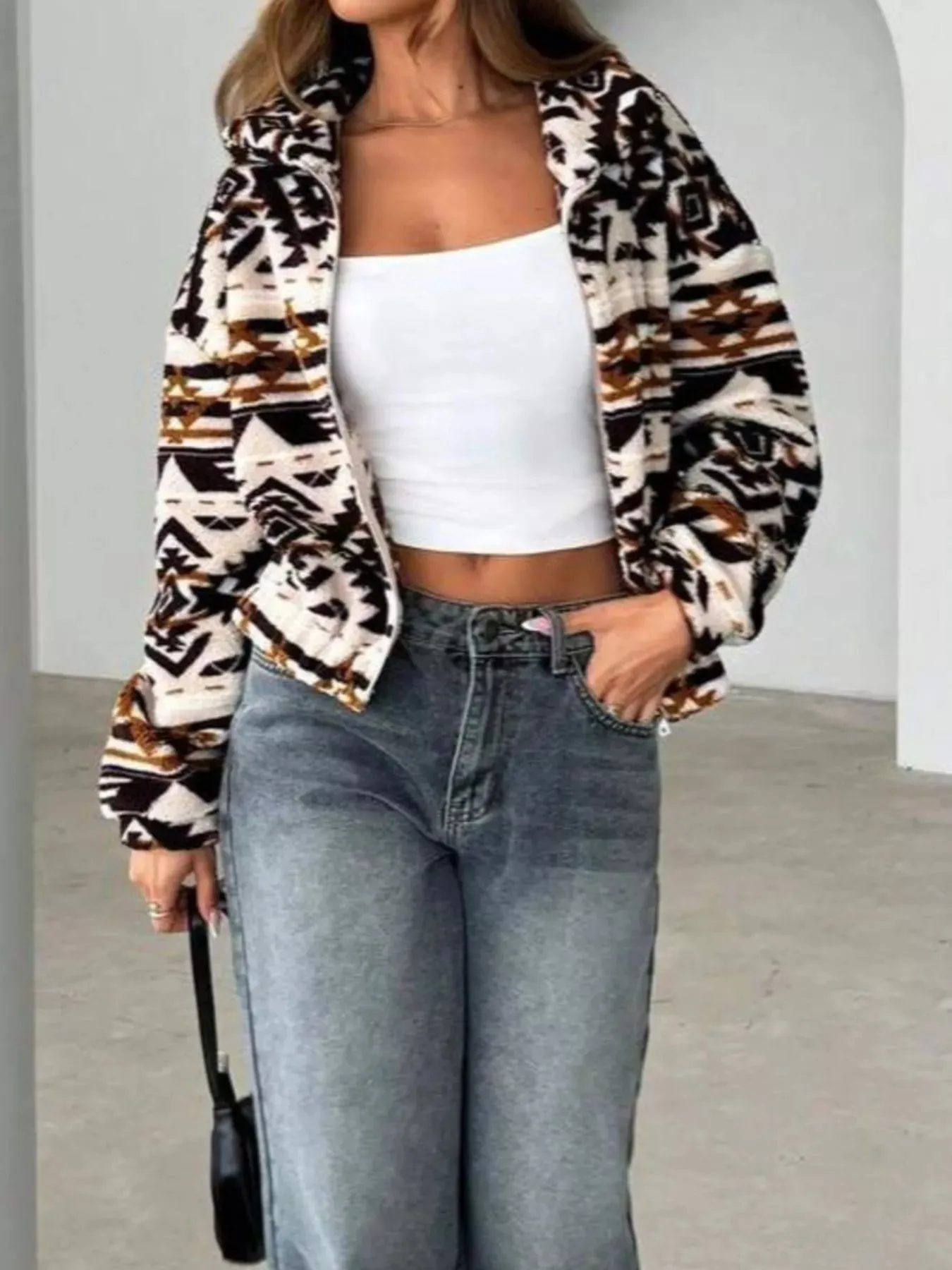 Geometric Fleece Zip-Up Jacket sold by Charming Charlie product image thumbnail 4