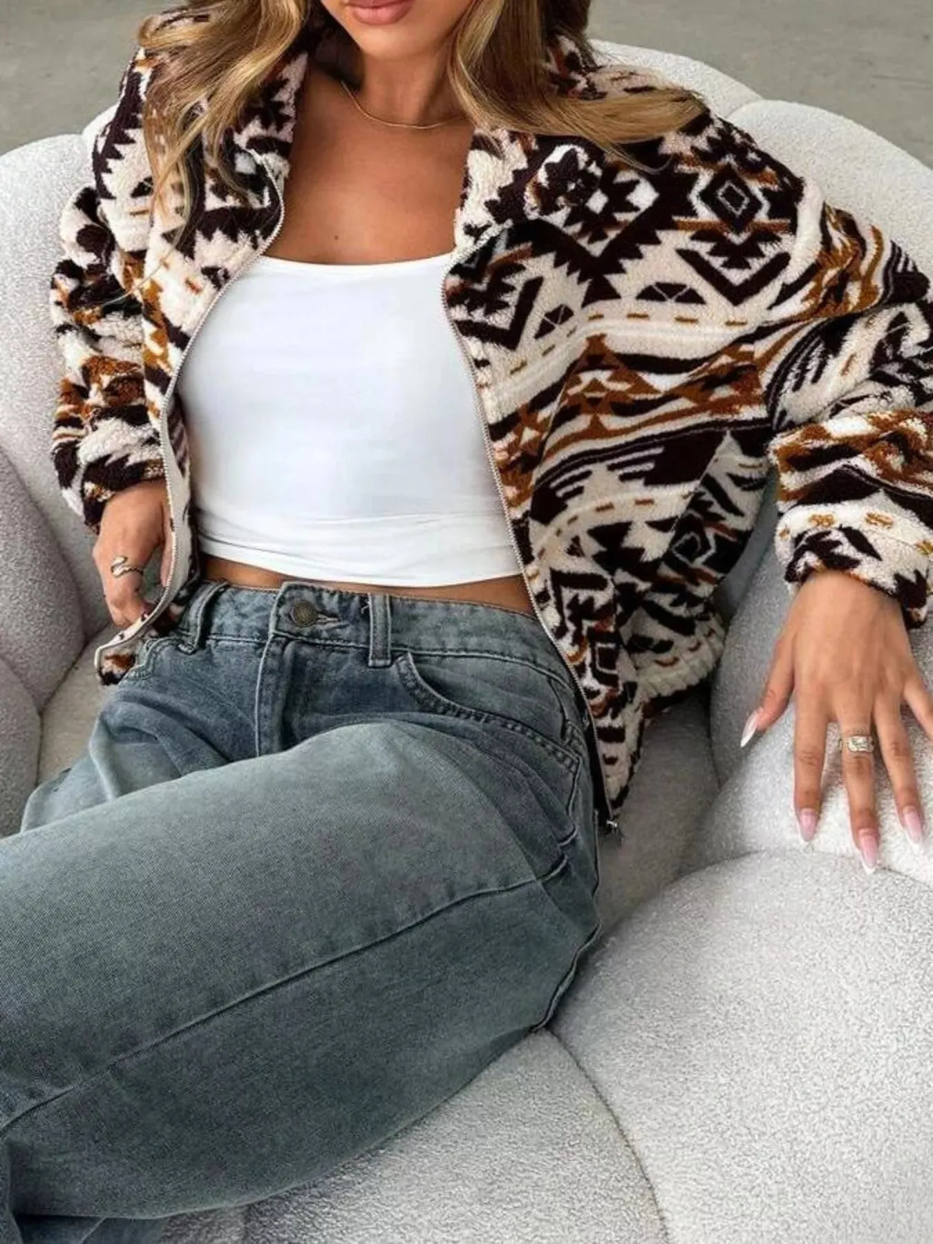 Geometric Fleece Zip-Up Jacket sold by Charming Charlie product image thumbnail 2