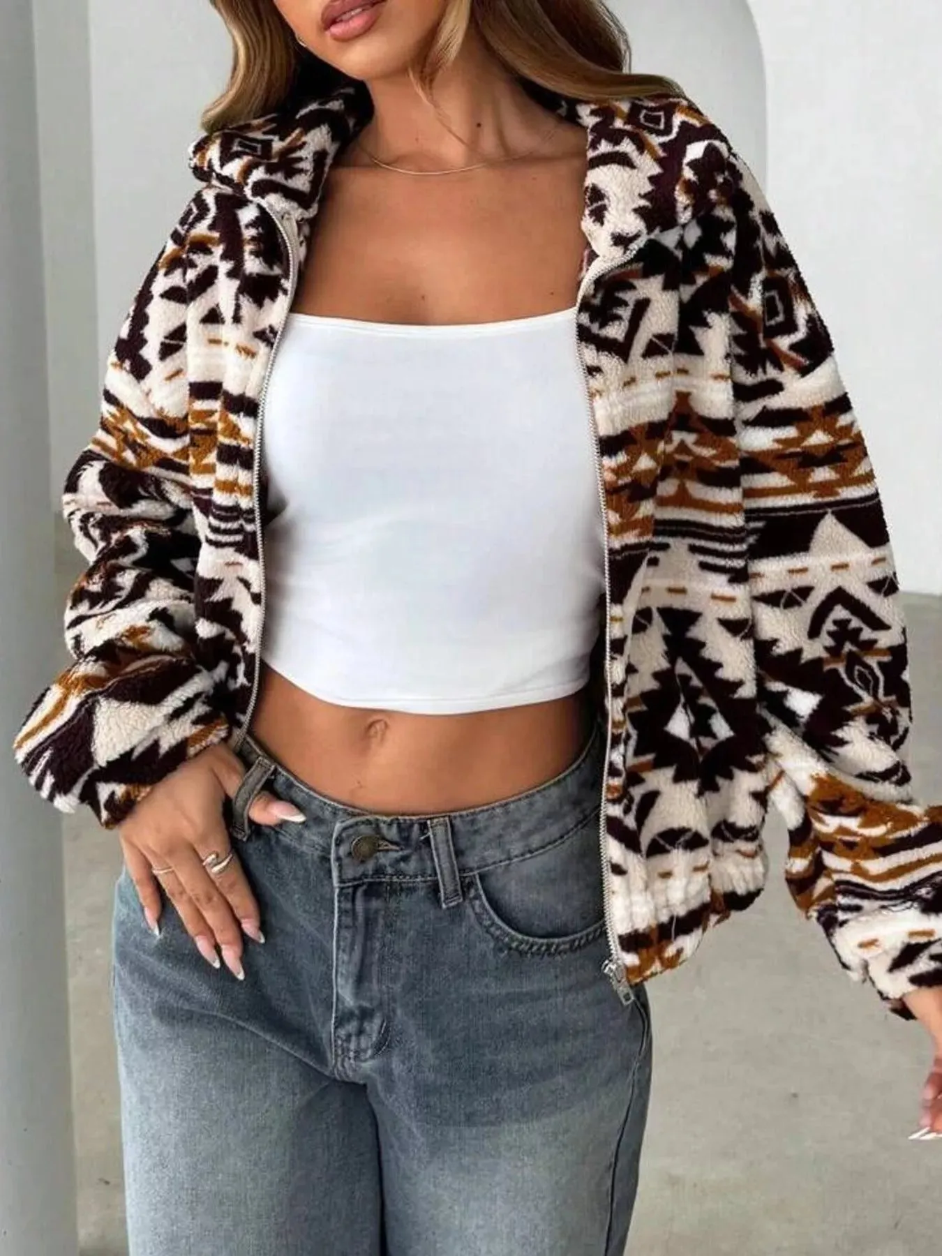 Geometric Fleece Zip-Up Jacket sold by Charming Charlie product image thumbnail 3