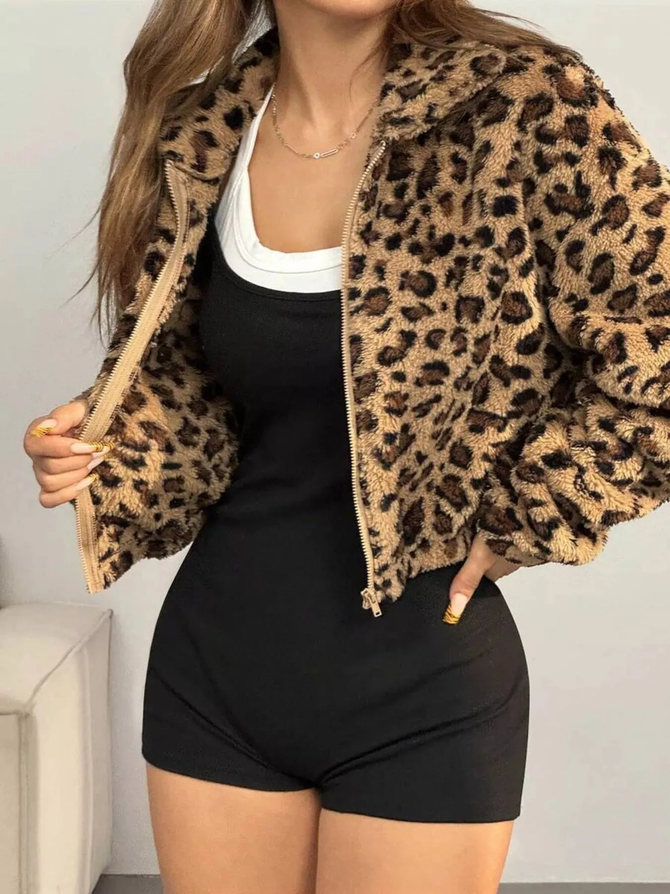 Leopard Print Fuzzy Cropped Jacket sold by Charming Charlie product image thumbnail 4