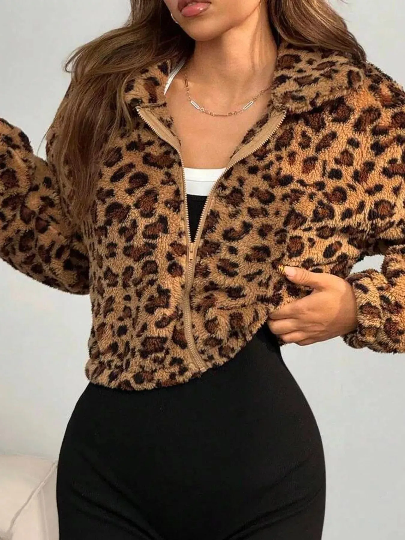 Leopard Print Fuzzy Cropped Jacket sold by Charming Charlie product image thumbnail 2
