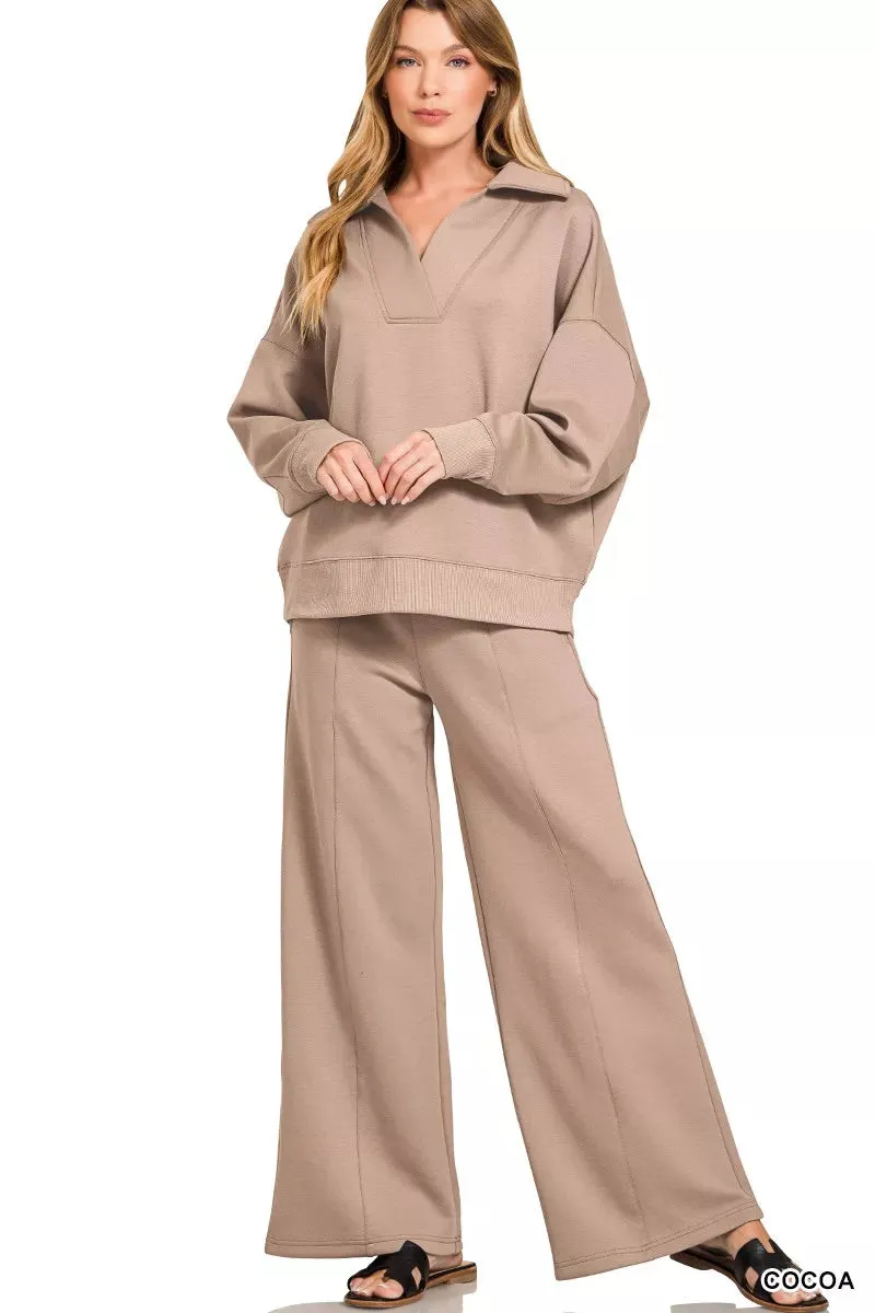 Zenana Scuba Collared Pullover and Pants Set sold by Charming Charlie