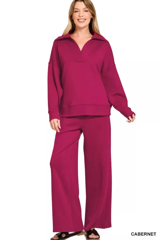 Zenana Scuba Collared Pullover and Pants Set sold by Charming Charlie