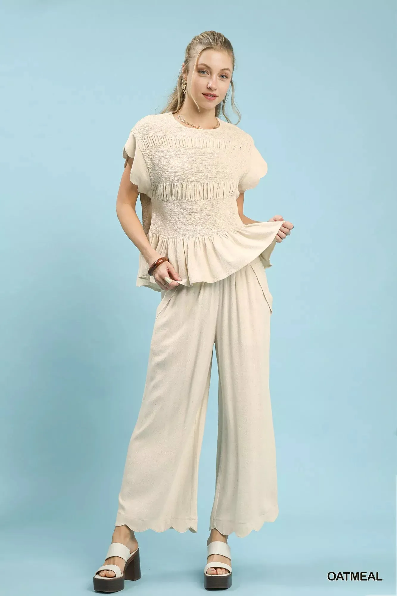 Umgee Linen Blend Scallop Hem Wide Leg Pants sold by Charming Charlie product image thumbnail 5