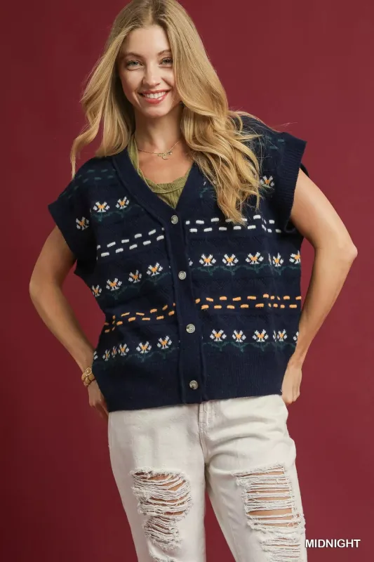Umgee Button-Down Knit Vest with Floral Pattern sold by Charming Charlie