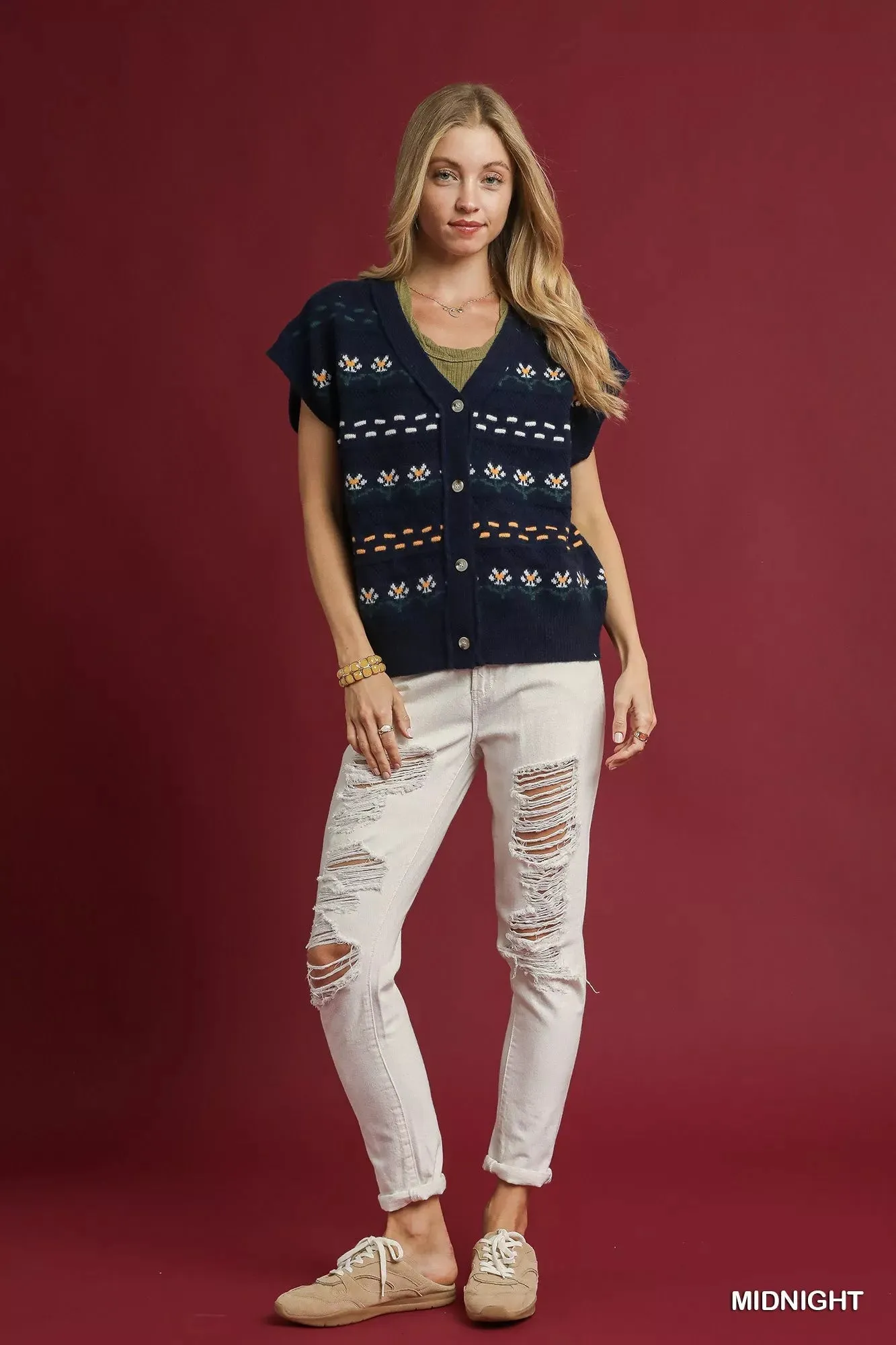 Umgee Button-Down Knit Vest with Floral Pattern sold by Charming Charlie product image thumbnail 5