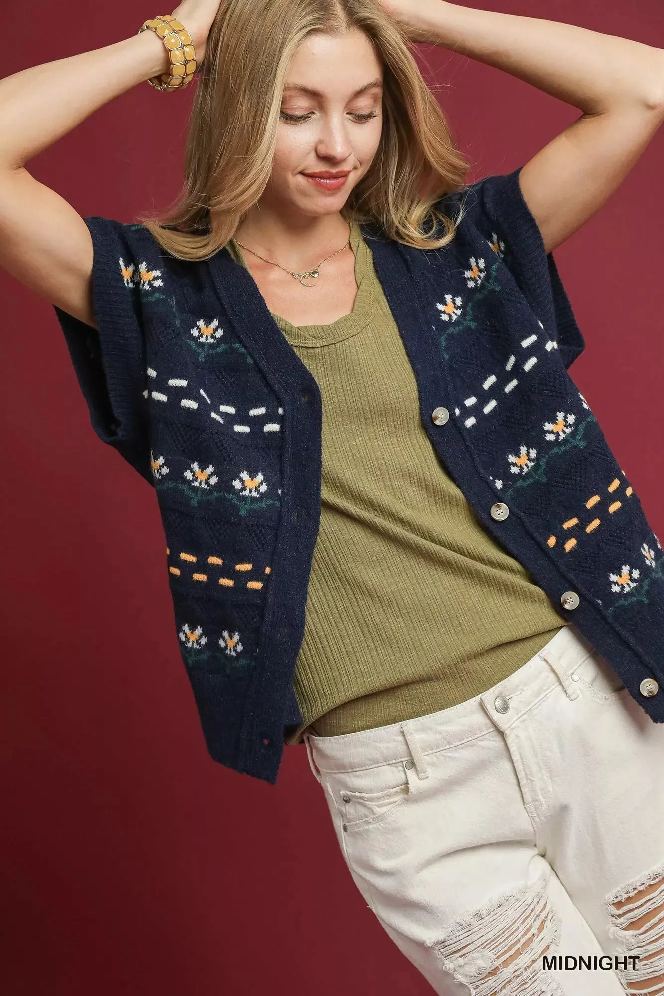 Umgee Button-Down Knit Vest with Floral Pattern sold by Charming Charlie product image thumbnail 2