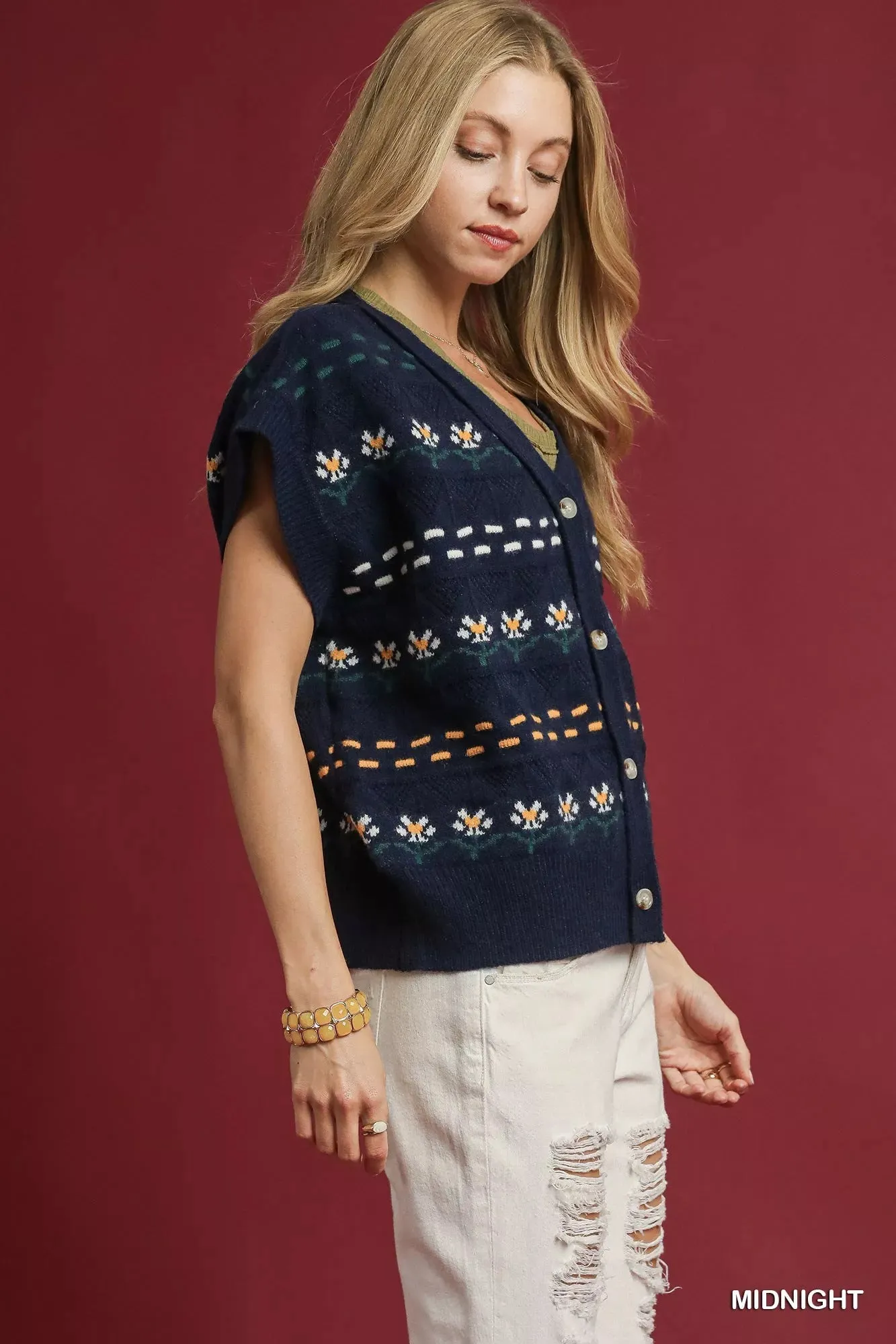 Umgee Button-Down Knit Vest with Floral Pattern sold by Charming Charlie product image thumbnail 3