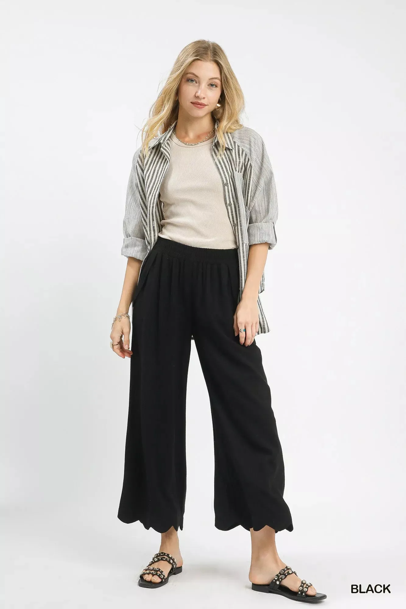 Umgee Linen Blend Scallop Hem Wide Leg Pants sold by Charming Charlie product image thumbnail 4
