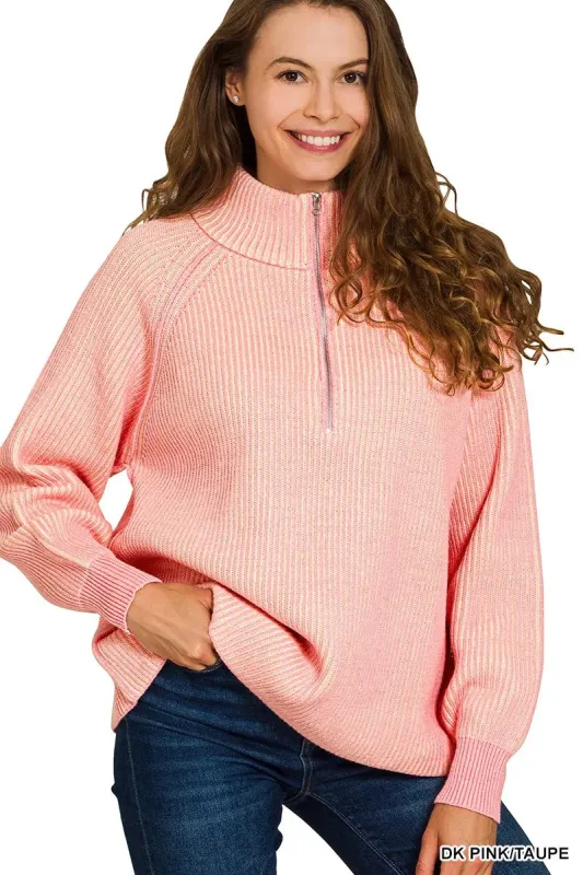 Zenana Ribbed Two Tone Half Zip Sweater sold by Charming Charlie