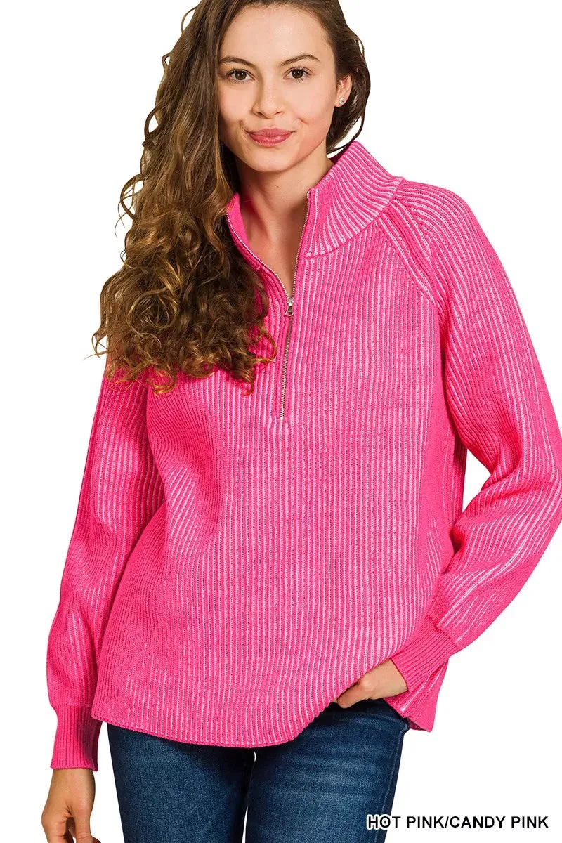 Zenana Ribbed Two Tone Half Zip Sweater sold by Charming Charlie