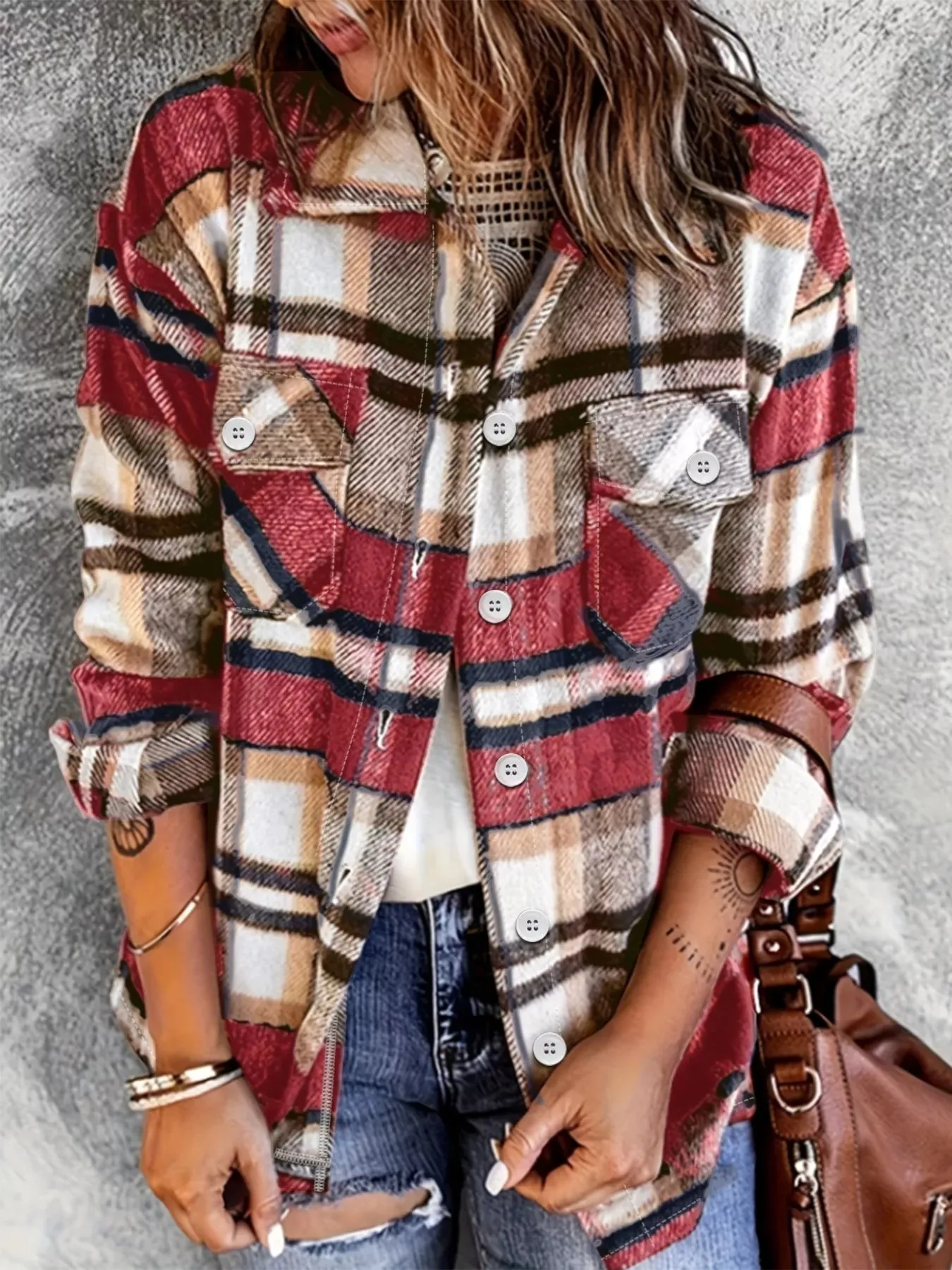 Casual Plaid Button-Down Shacket sold by Charming Charlie