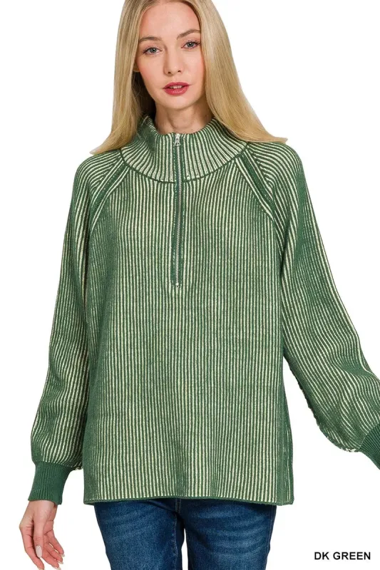 Zenana Ribbed Two Tone Half Zip Sweater sold by Charming Charlie