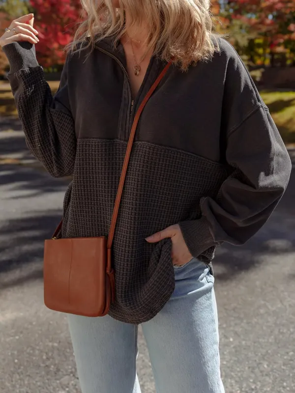 Waffle Knit Patchwork Half Zipped Casual Sweatshirt sold by Charming Charlie