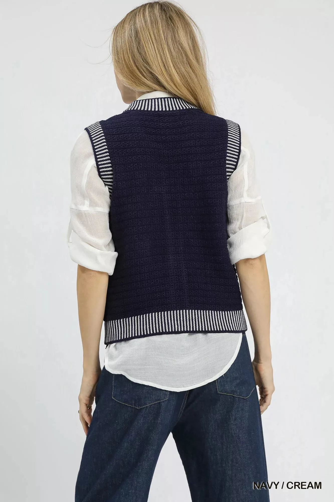 Umgee Contrast Striped Trim Button-Down Sweater Vest sold by Charming Charlie product image thumbnail 3