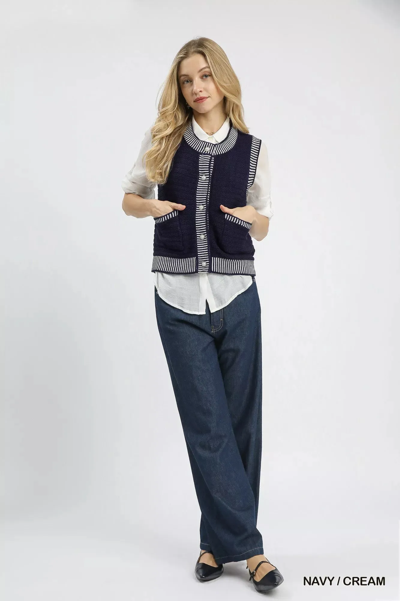 Umgee Contrast Striped Trim Button-Down Sweater Vest sold by Charming Charlie product image thumbnail 4