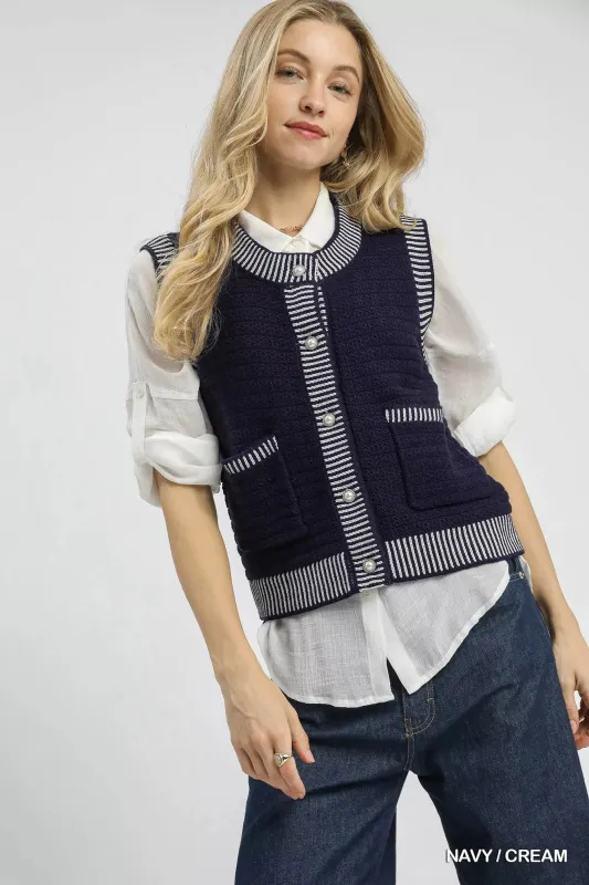 Umgee Contrast Striped Trim Button-Down Sweater Vest sold by Charming Charlie