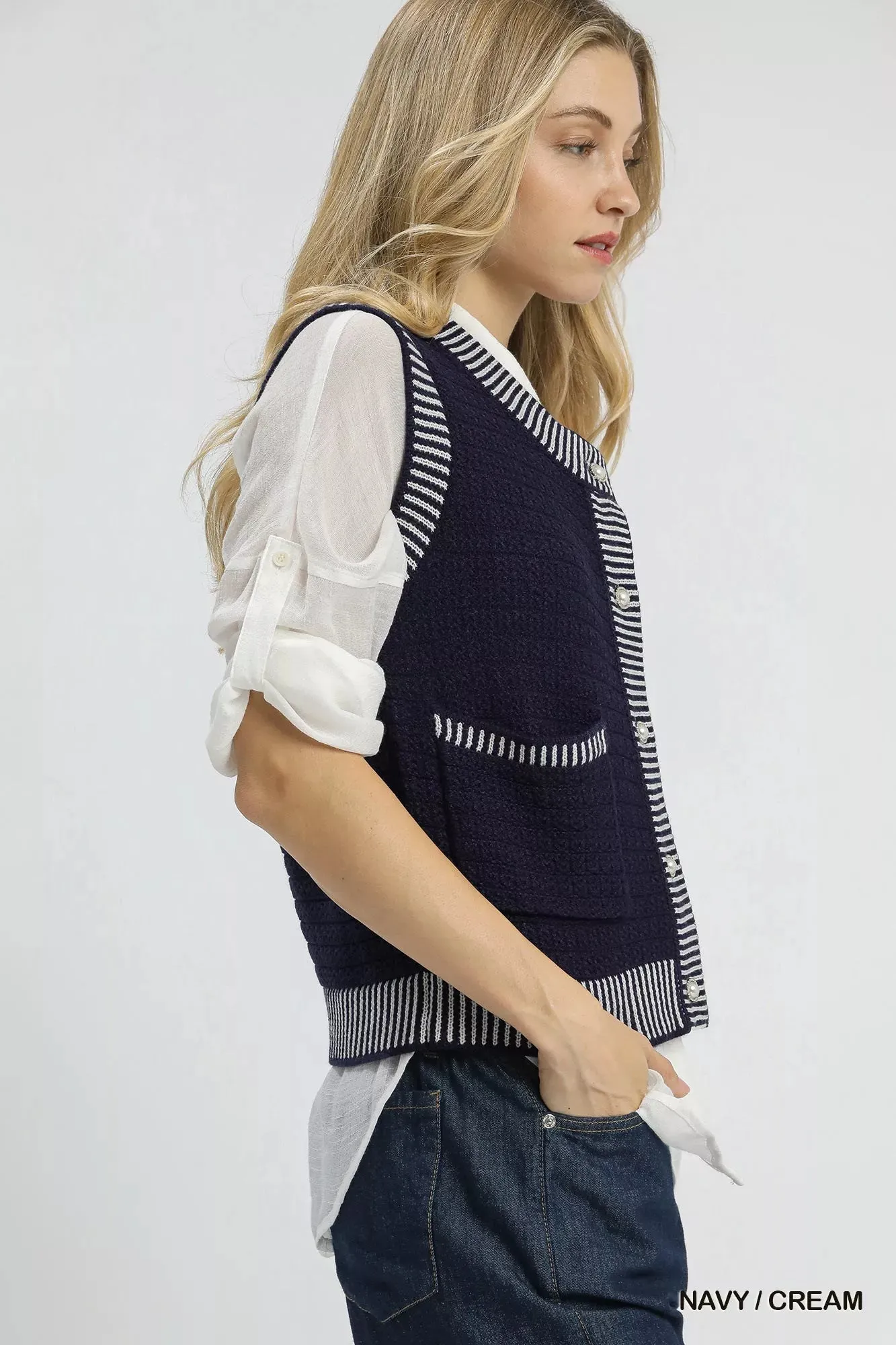 Umgee Contrast Striped Trim Button-Down Sweater Vest sold by Charming Charlie product image thumbnail 2