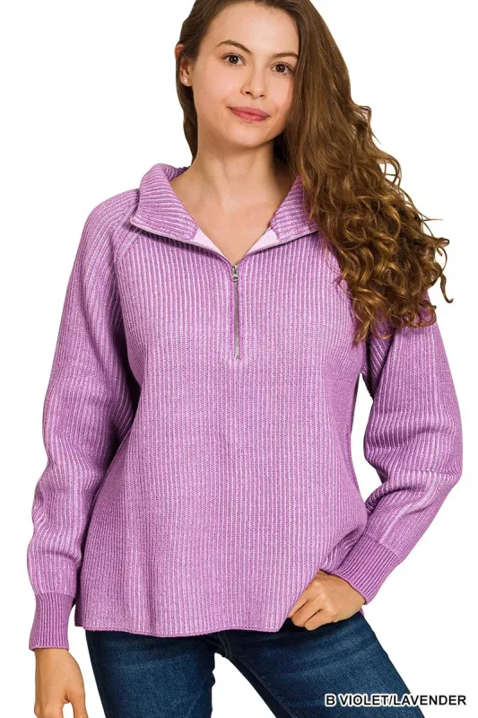 Zenana Ribbed Two Tone Half Zip Sweater sold by Charming Charlie