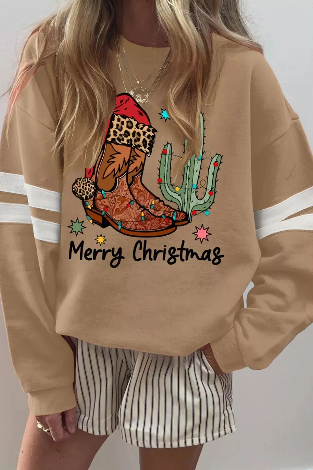 Merry Christmas Cowboy Boot Cactus Casual Sweatshirt sold by Charming Charlie
