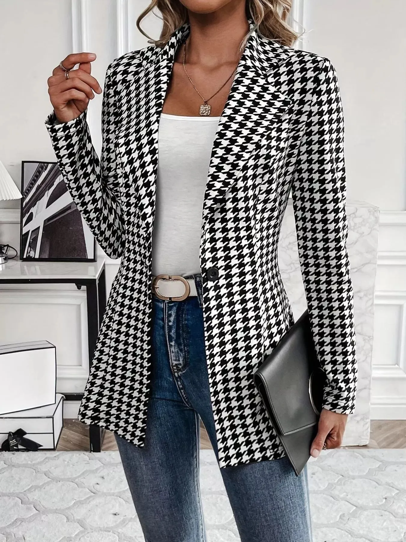 Houndstooth Print Lapel Collar Blazer sold by Charming Charlie product image thumbnail 2