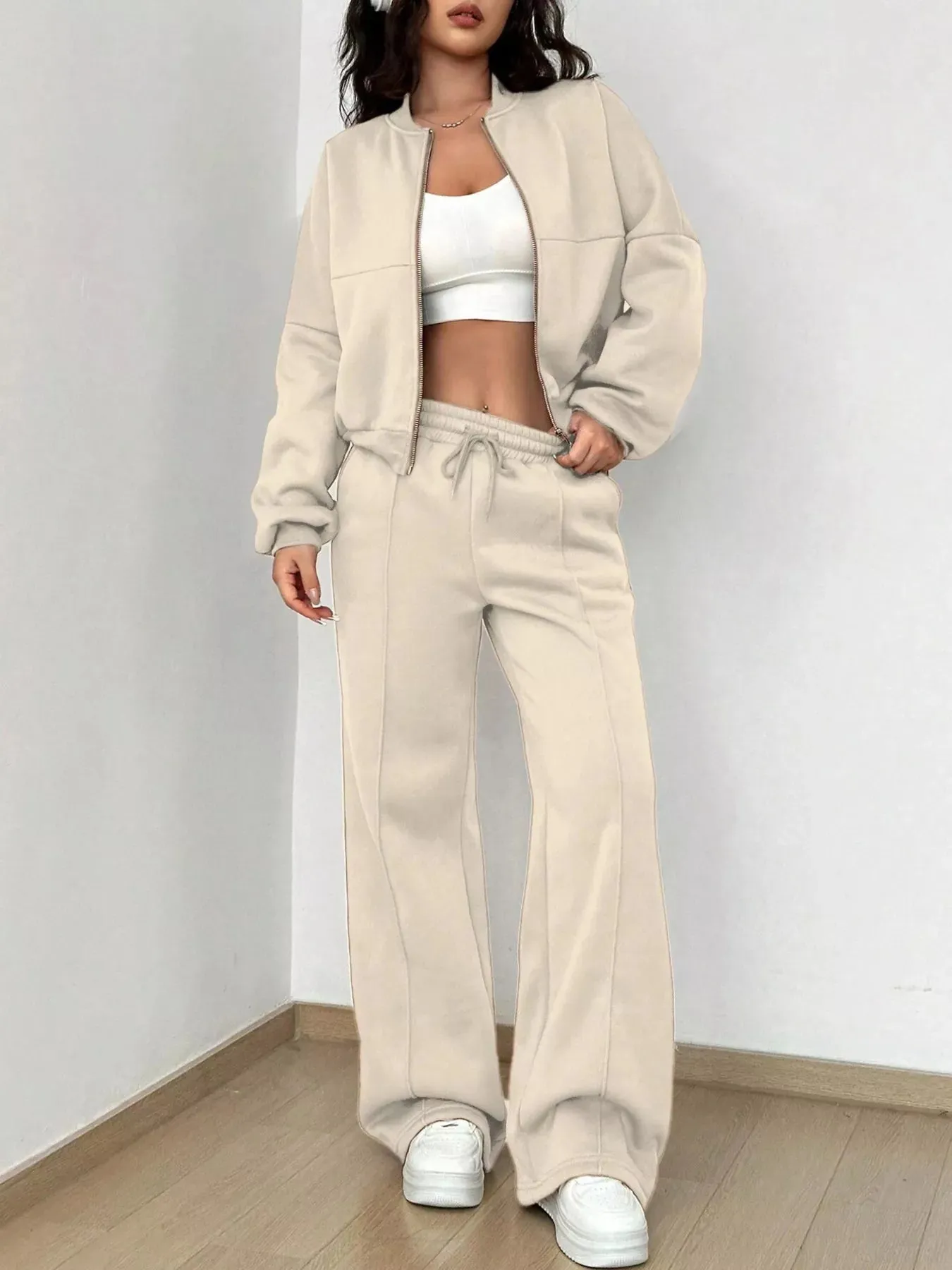 Casual Solid Color Zipper Jacket and Wide Leg Pants Set sold by Charming Charlie product image thumbnail 2