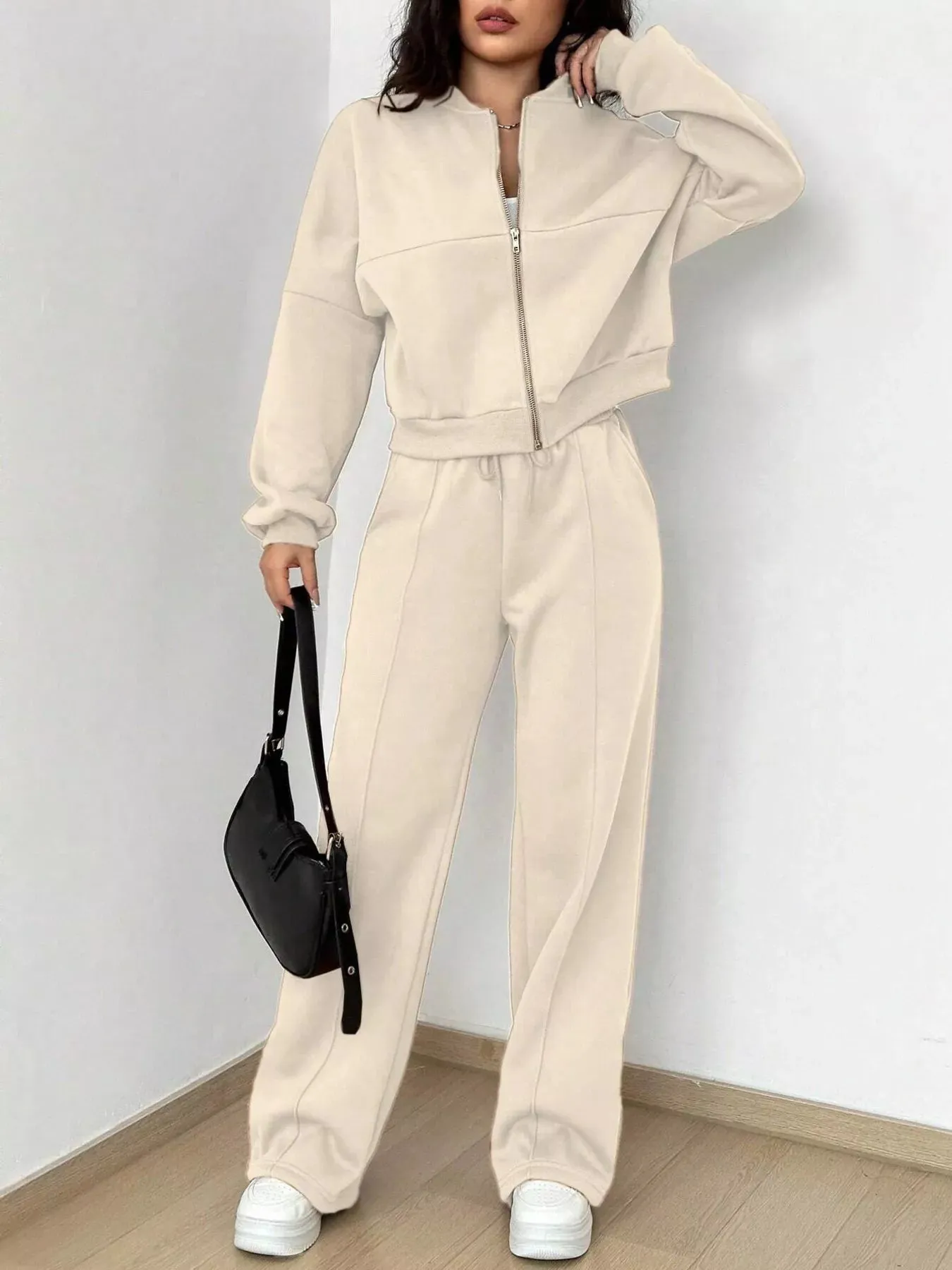 Casual Solid Color Zipper Jacket and Wide Leg Pants Set sold by Charming Charlie product image thumbnail 4