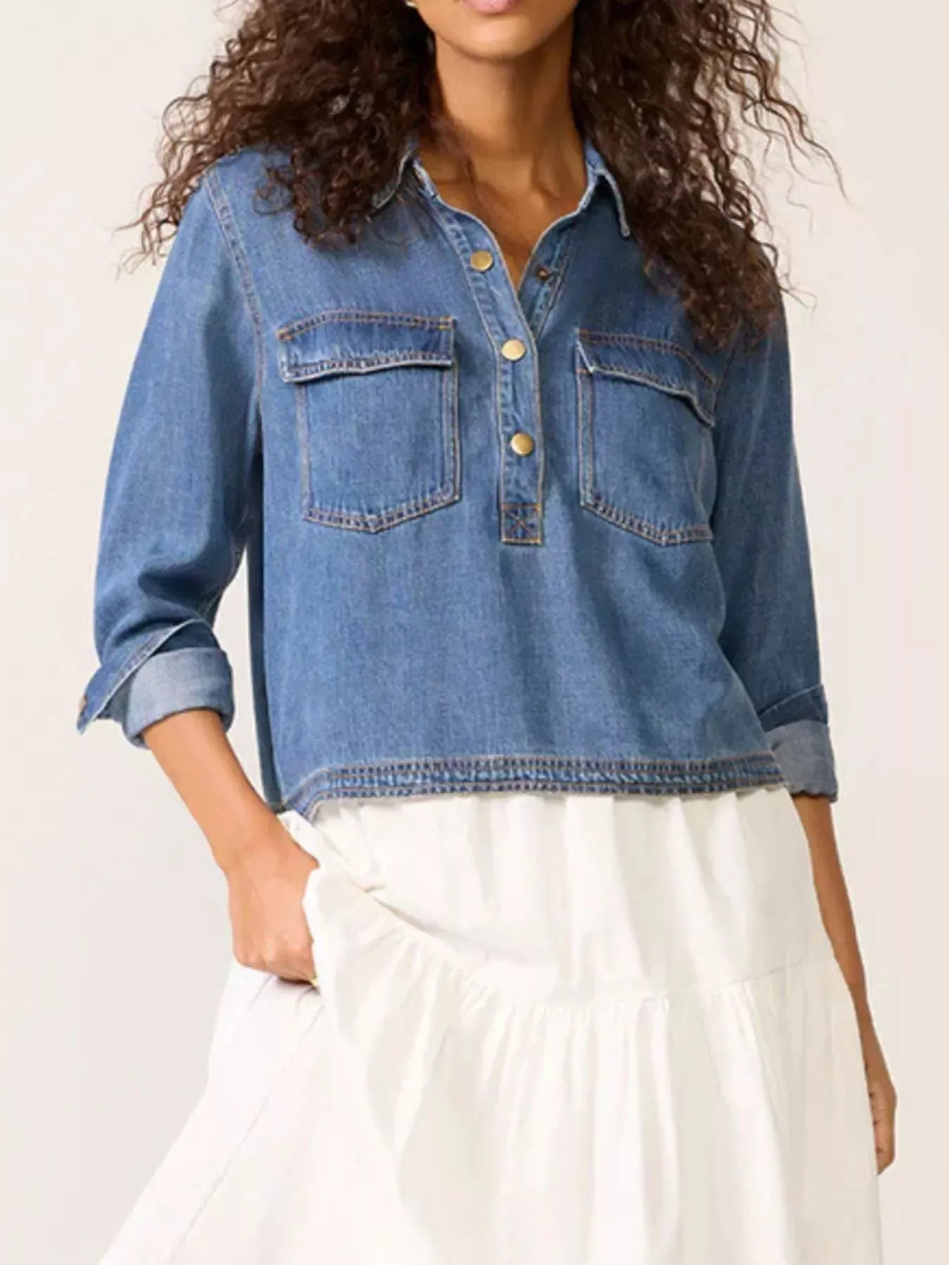 Half Snap Cropped Denim Top sold by Charming Charlie product image thumbnail 5