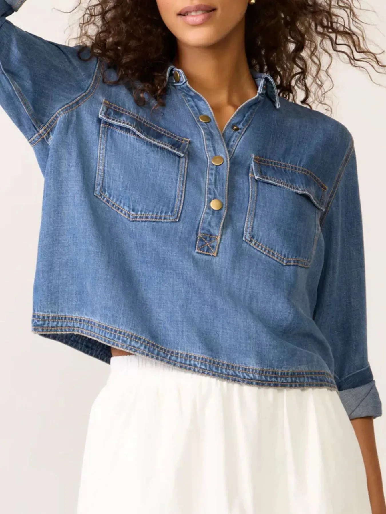 Half Snap Cropped Denim Top sold by Charming Charlie product image thumbnail 3