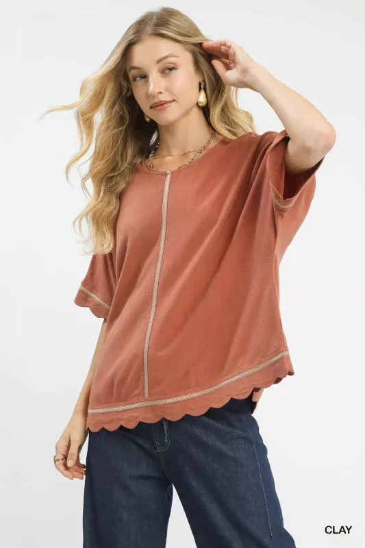 Umgee Linen Blend Scallop Trim Top sold by Charming Charlie